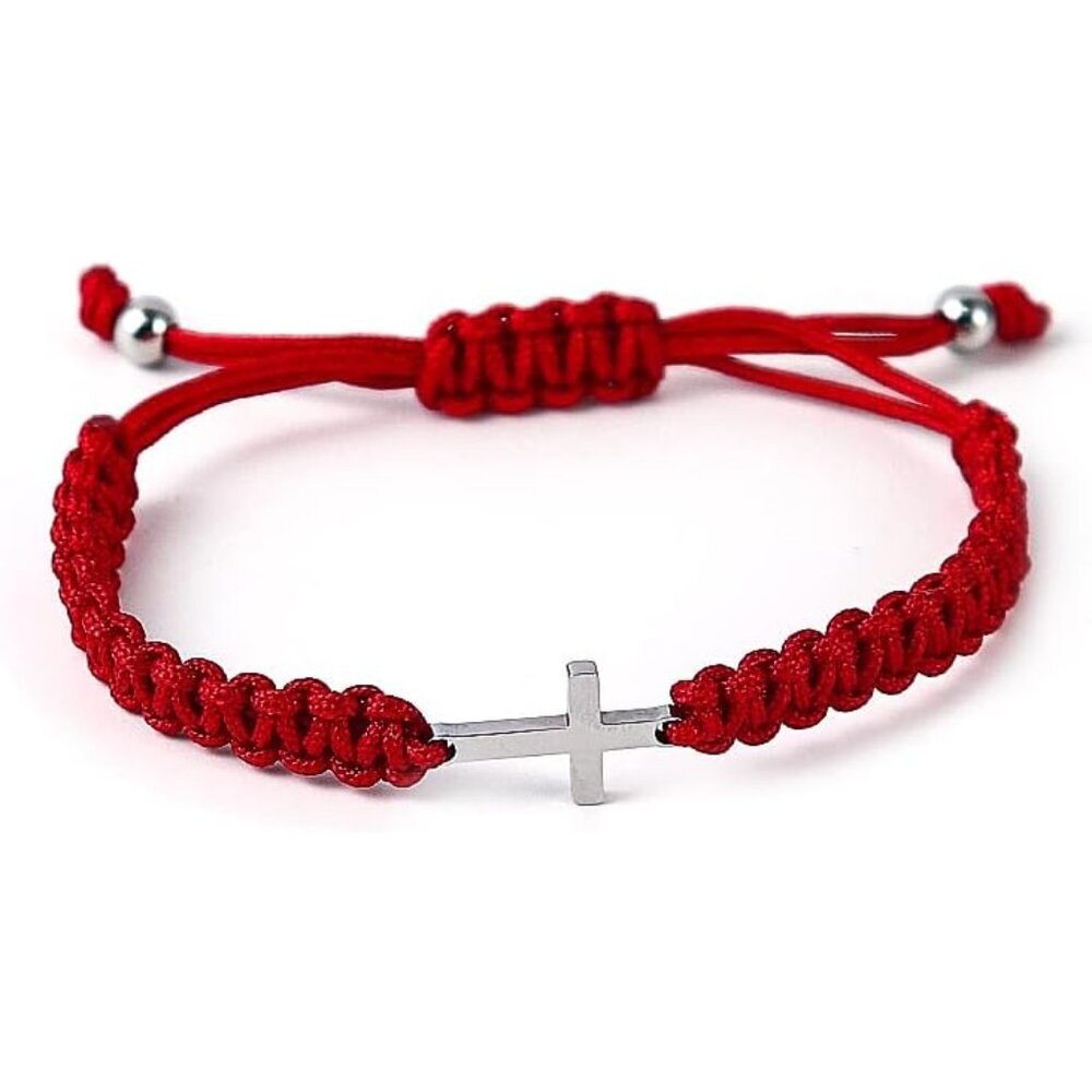 Handmade Braided Cross Black Red String Protection Bracelet Stainless Steel Side